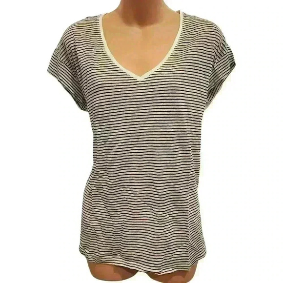 MANGO MNG Women's Striped Linen V-Neck Short Sleeve Tee T-Shirt NWT NEW - Picture 4 of 13